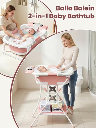 Baby Bathtub with Stand, Foldable Metal Standing Baby Bath Tub, 3-in-1 - Image 2