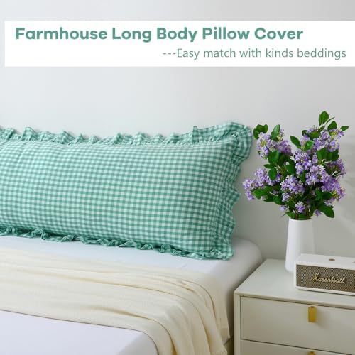 Spa Blue White Gingham Ruffle Body Pillow Cover 20"x54" - Image 3
