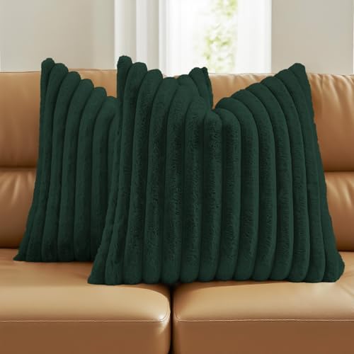 FUTEI Pack of 2 Faux Fur Throw Pillow Covers 24x24 Inch, Dark Green by FUTEI