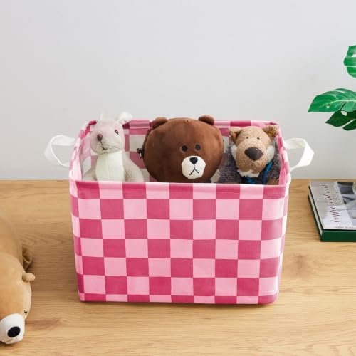 Hot Pink Coral Checkered Canvas Basket, Rectangular Organizing Decorative - Image 4