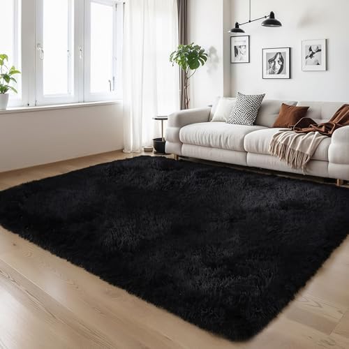 5x8 Thick Black Fluffy Shag Rug by KICHOWUA