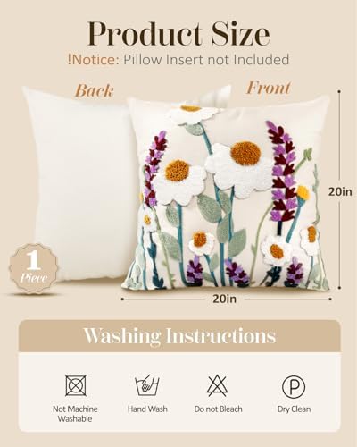 Embroidered Throw Pillow Cover, 20x20 Inch, Wildflower - Image 4