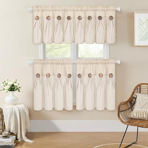 ASPMIZ Linen Kitchen Curtains 24 Inch Length, Farmhouse Boho Button Kitchen - Image 3