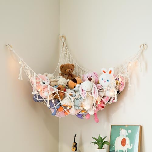 Large Macrame Stuffed Animal Storage Hammock w/Lights 1 Pack | Holds 12 lbs | by LillysLove
