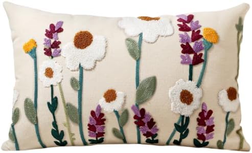 Embroidered Throw Pillow Cover, 20x12 Inch, Wildflower by Kokaaee