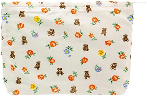 Flat Makeup Bag for Women, Zipper Cosmetic Pouch for Purse, Flower Bear White by PAZIMIIK
