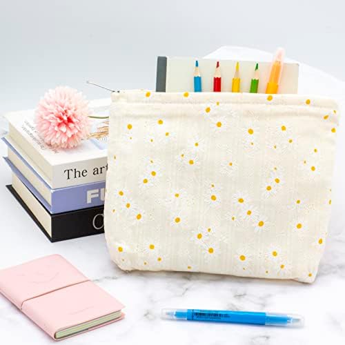 Flat Makeup Bag for Women, Zipper Cosmetic Pouch for Purse, Daisy Beige - Image 2
