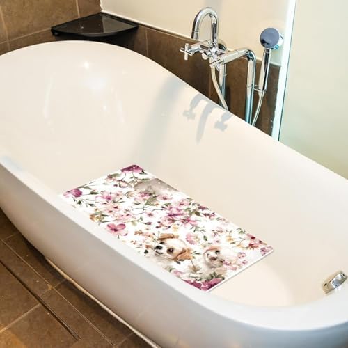 Shower Mat Non Slip 26.8 x 15.1 Inches, Dog Flower Bathtub Mat Shower Stall Mats - Image 5