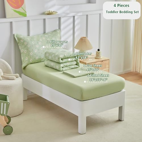 DuShow Green Floral Toddler Bedding Set, 4 Pieces Toddler Crib Bed Sheet Set - Image 3