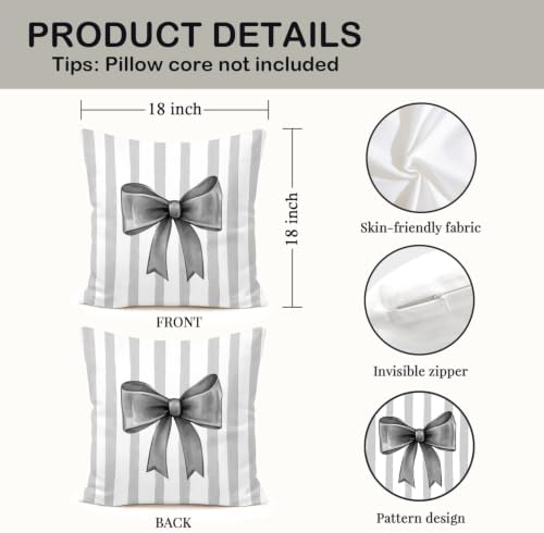 Charcoal Bow Decorative Throw Pillow 18x18 Inch – Cute Blush Pink Striped - Image 2