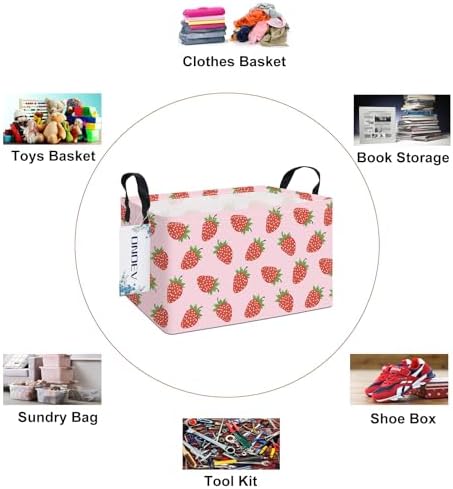 Rectangular Fabric Storage Bin, Foldable Strawberry print Basket - Image 3