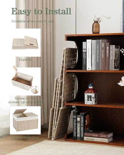 SETVSON Storage Basket with Lid, 2-Lid PE Rattan Storage Bin, Light Khaki - Image 5