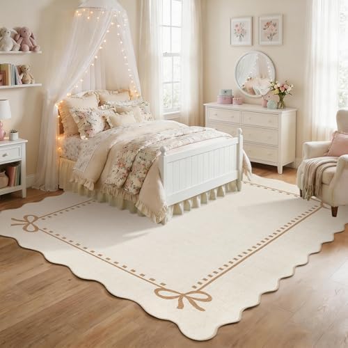 Garvee Scalloped Bow Rug Beige Washable Solid 3x5 Area Rugs - Image 3