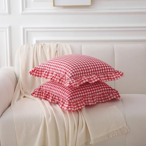 2 Pack Red White Gingham Ruffle Throw Pillow Covers 18''x18'' - Image 3