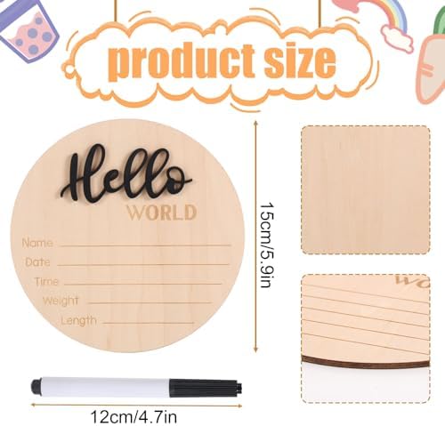 Newborn Announcement Sign with Pen, 5.9in Wooden Hello World Baby Welcome Sign - Image 2