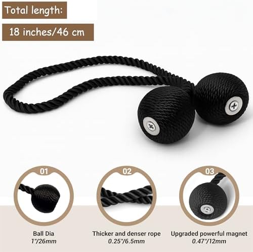 Hion Magnetic Curtain Tiebacks Black 6pcs, Curtain Holdbacks Hooks Holders - Image 2