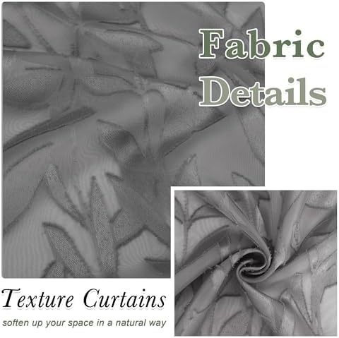Lecloud Leia Charcoal Grey Sheer Kitchen Curtains 24 Inch 2 Pcs, Jacquard Leaf - Image 4