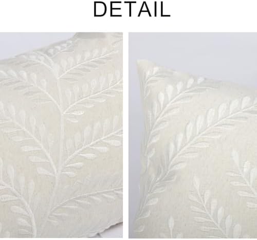 Embroidered Throw Pillow Cover 12x 20, Classical Boho Leaves Natural Linen - Image 2