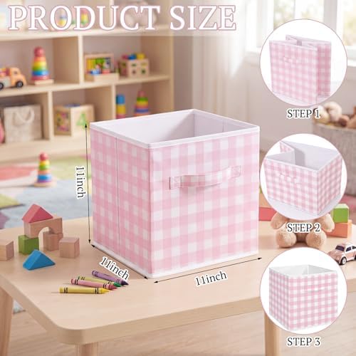 Yalikop 6 Pcs Pink Gingham Cube Storage Bins, 11 Inch Fabric Checkered - Image 2
