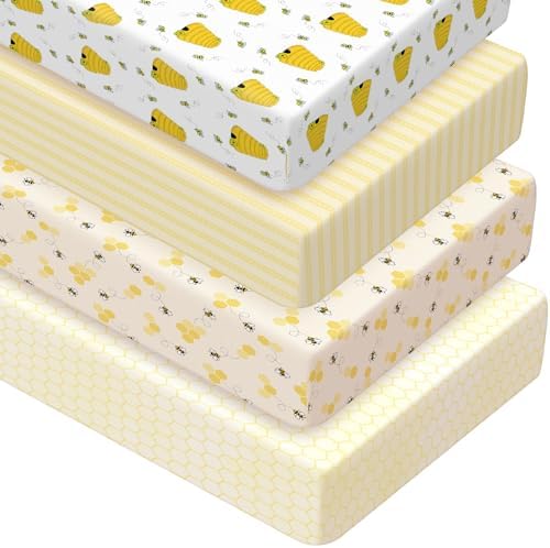 Peryiter 4 Pack Crib Sheets for Baby 52'' X 28" Yellow Bee Crib Sheet by Peryiter