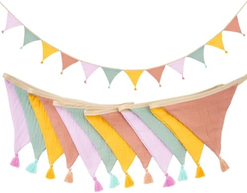 G2PLUS Cotton Fabric Bunting Banner, 9Ft Mixed Color Triangle Pennant Banner by G2PLUS