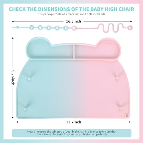 2 Pack Baby Silicone Mat，with Suction Base and 8 Stretchable Straps, Bear Food - Image 2