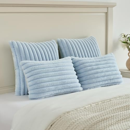 FUTEI Pack of 2 Faux Fur Throw Pillow Covers 18x18 Inch, Light Blue - Image 5