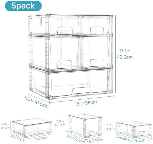 Vtopmart Clear Stackable Storage Drawers, 5 Pack Multi-Size Organizer Set - Image 3