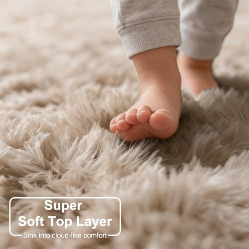 Amdrebio Beige Boho Fluffy Shag Neutral Area Rug 5x7 - Image 4
