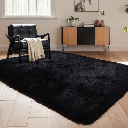 5x7 Thick Black Shag Rug for Bedroom, Soft Plush Fluffy Carpet by KICHOWUA