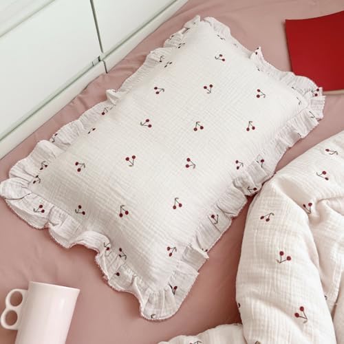 BuLuTu Muslin Cotton Ruffled Pillowcase Standard 20"x26", Cherry Print by BuLuTu