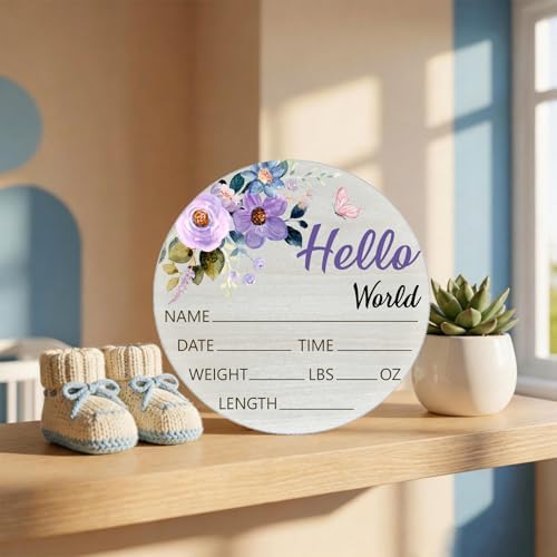 Purple Rose Baby Announcement Sign, Wooden Nursery Name Plaque 6in - Image 4