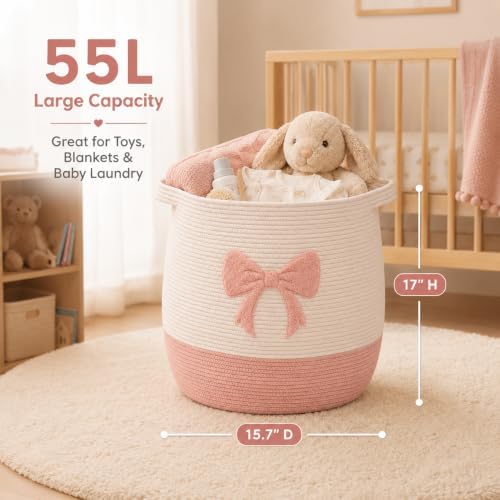 Pink Bow Baby Laundry Basket, Cotton Rope Nursery Hamper - Image 2