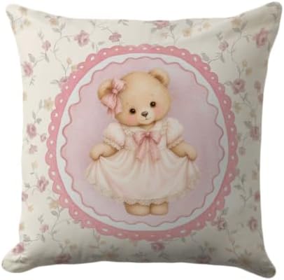 Pink Bear Throw Pillow Cover 18x18, Floral Bow Girls Room Decor by Unknown