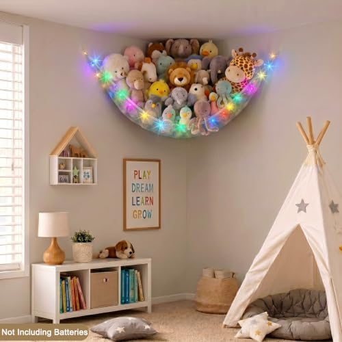 Stuffed Animals Hammock with LED Light Toy Net Room Decor Corner Storage - Image 2