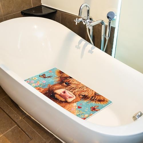 Bathtub Mat Non Slip 26.8x15.1In, Highland Cow Floral Bath Mat - Image 5