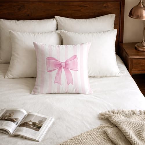 Blush Bow Decorative Throw Pillow 18x18 Inch – Cute Blush Pink Striped Pillow - Image 5