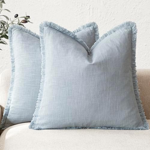 Foindtower Decorative Linen Fringe Throw Pillow Covers 20×20 Inch, Sky Blue by Foindtower