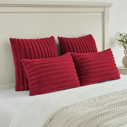 FUTEI Pack of 2 Faux Fur Throw Pillow Covers 22x22 Inch, Retro Red - Image 5