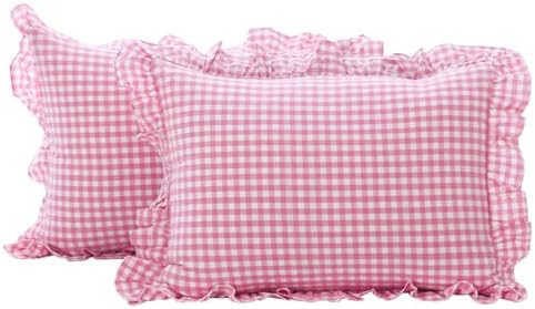2 Pack Pink White Gingham Ruffle Pillow Shams King Size 20"x36" by KMASANIJI