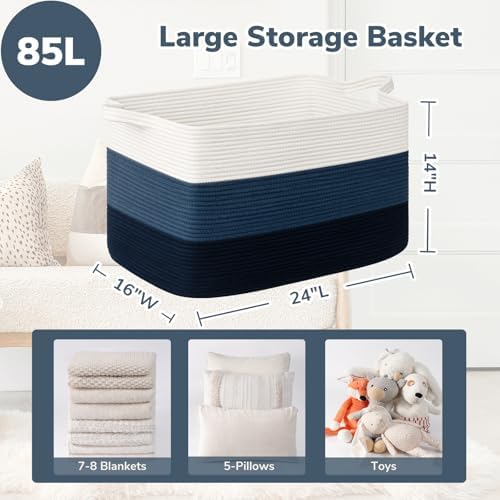 Goodpick 85L Large Blanket Basket 23.6" x 15.7" x 13.8" Cotton Rope Storage - Image 3
