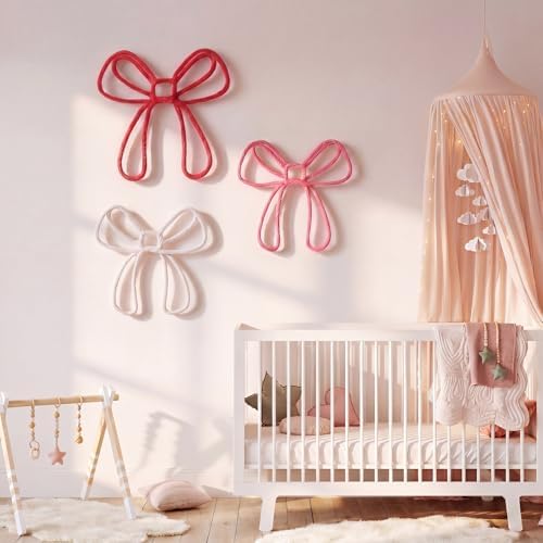 Wesiti 3 Pcs Bow Wall Decor Pink Red White Bow Nursery Decor 7.87-9.84 Knitted - Image 3