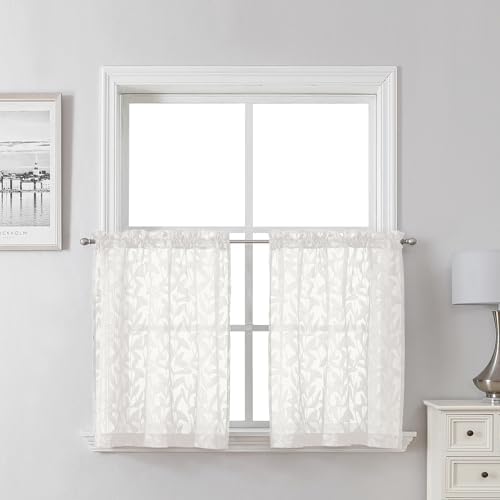 Lecloud Leia Ivory Sheer Kitchen Curtains 24 Inch Length 2 Pcs, Jacquard Leaf by Lecloud