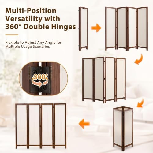 Wood Room Divider Panel with Linen Fabric, Boho Folding Privacy Screen 67" - Image 3