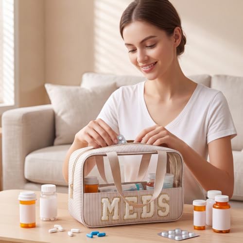 Sanwuta Seersucker Meds Bag Chenille Letter Clear Makeup Bag - Image 6