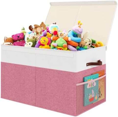 Large Toy Storage Box with Lid, Toy Chest with Divider, Foldable Organizer by Fineonly