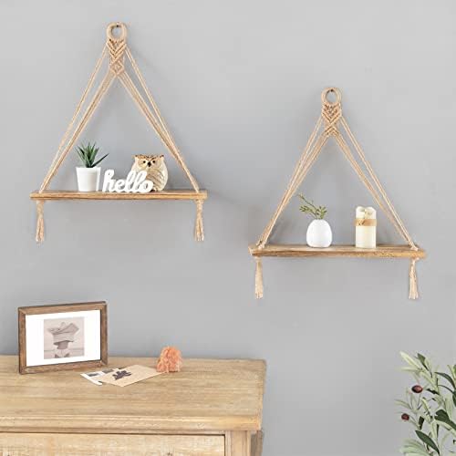 Mkono Macrame Hanging Shelves Boho Wall Decor Set of 2 Floating Wood Shelf - Image 4