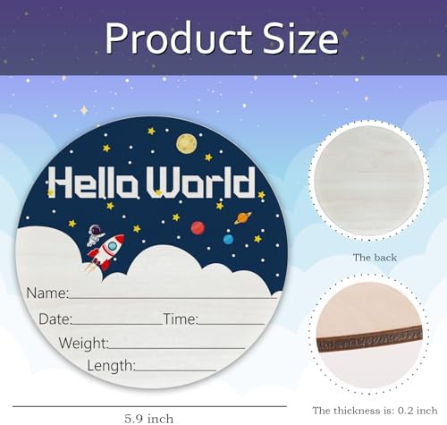 Birth Announcement Sign Hello World Baby Name Wood Spaceship Theme - Image 4