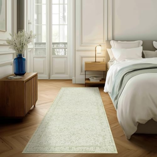 Sage Green 2x6 Runner Rug for Bathroom Washable Vintage Boho Floral Rugs - Image 2