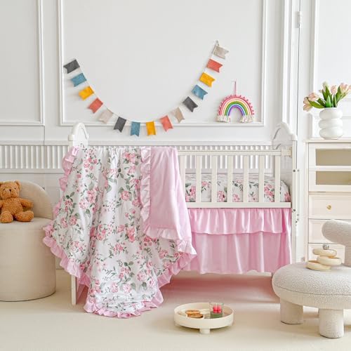 3 Pieces Pink Rose Flowers Crib Bedding Set Baby Ruffled Quilted Comforter - Image 5